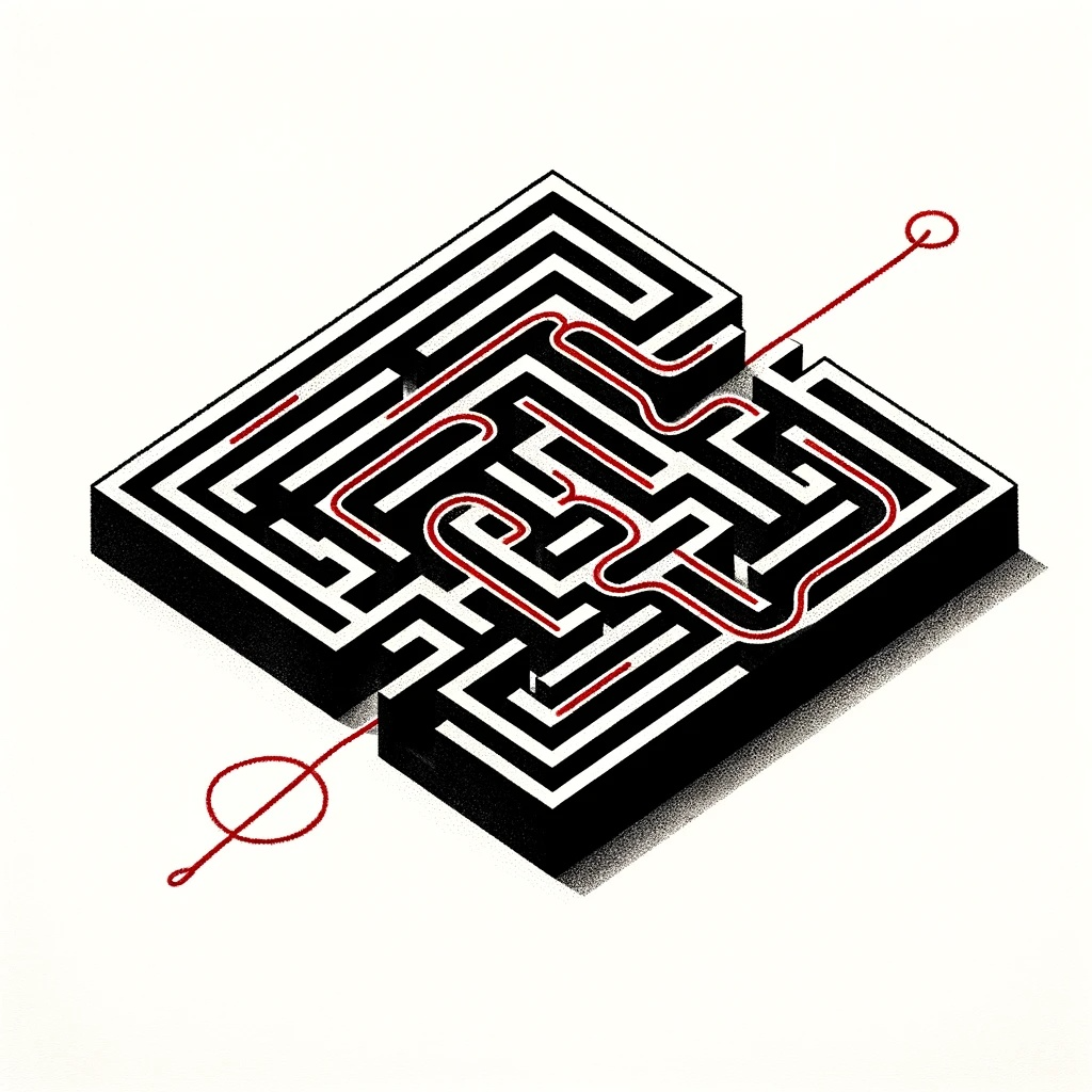 Ariadnés Thread generated by Dall-e - Here the text to image AI struggles crawling the labyrinth in a coherent line!